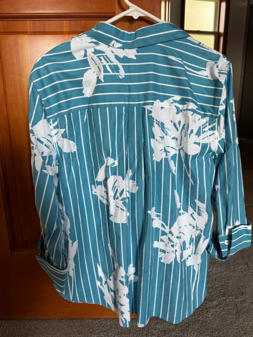 Chico's Teal Striped Floral Button-Front Shirt Tropical Resort wear - Picture 3 of 5